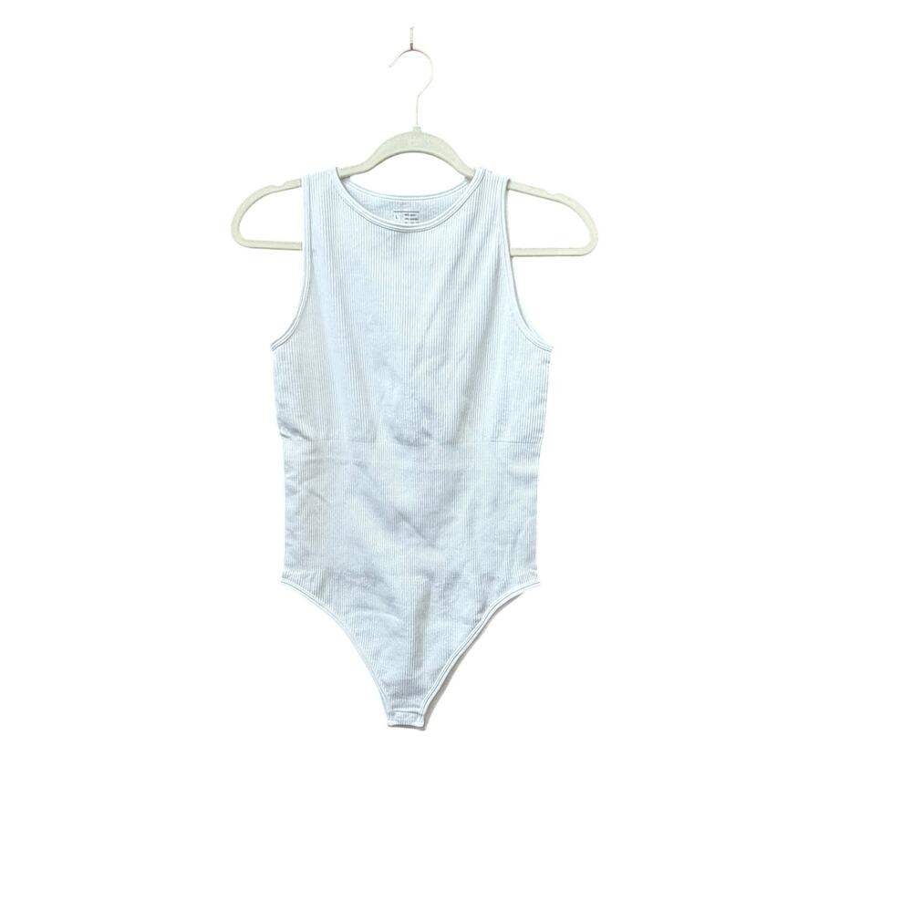 OQQ White Ribbed Bodysuit Size Large Stretch Thick Fabric NWOT